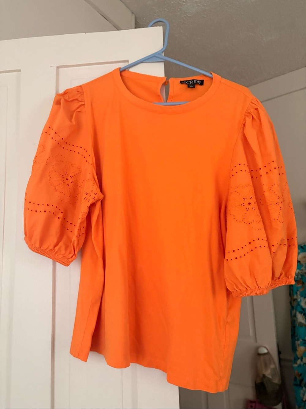 J. Crew Bright Orange Eyelet Puff-Sleeve Top
